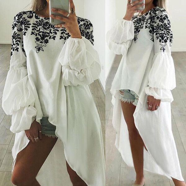 

celmia fashion printed women long lantern sleeve vintage long blouse asymmetrical tunic shirt casual loose blusas mujer 5xl1, White