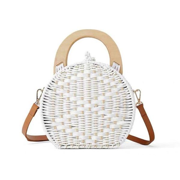 

new ladies shoulder bag fashion wooden handle rattan knit bag handbag white new weaving straw shoulder messenger