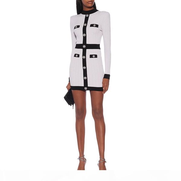 

2020 black and white winter new fashion ladies dress long sleeve button stitching bodycon mini dress club evening party vestidos, Black;gray