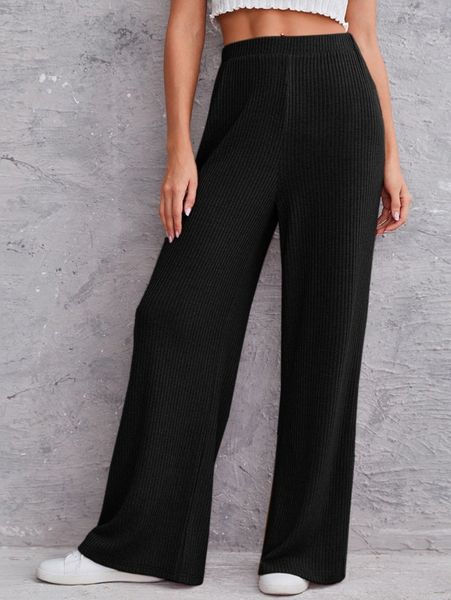 

solid rib-knit wide leg pants z0ki#, Black;white