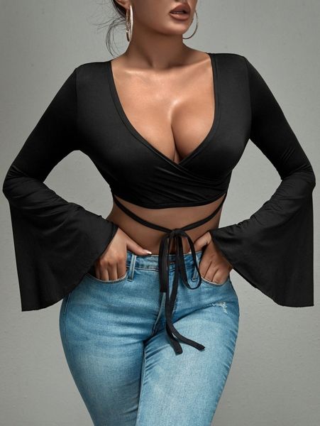 

sxy solid tie front crop blouse q86j#, White