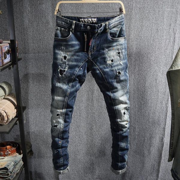 

italian style fashion men jeans retro dark blue spliced designer destroyed ripped jeans men biker pants streetwear hip hop1