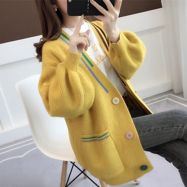 

sweaters fashion 2020 women chenille sweater knitwear femme ribbed button puff sleeve thick long cardigan sweaters os008, Black;brown
