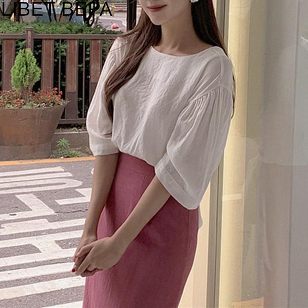 

women's blouses & shirts 2021 summer women casual fashionable puff sleeve shirt lace up wild elegant irregular white bl5372