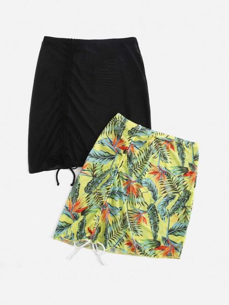 

2pack tropical print drawstring cover up skirt 05ho#, White;black