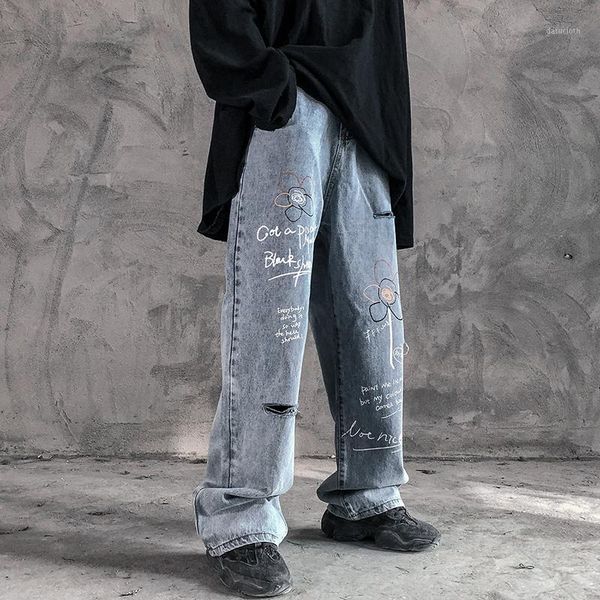 

uncledonjm flower graffiti printed ripped jeans men ins popular brand wash biker jeans hiphop for men destroyed sl-s20021, Blue