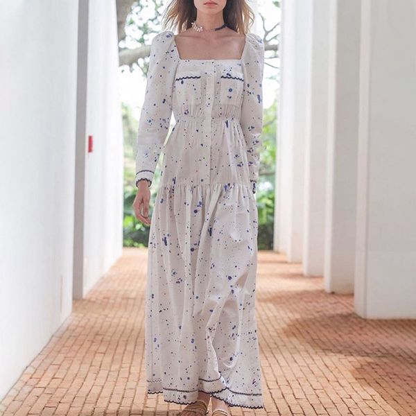 

2020 autumn new fashion square neck collar dot printing temperament long sleeve long dress women ing, Black