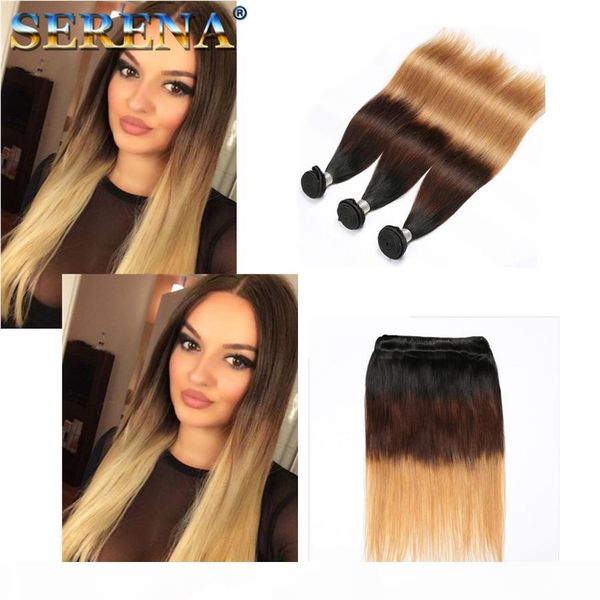 

#1b 4 27 honey blonde ombre brazilian hair bundles dark roots three tone silky straight ombre hair weaves malaysian ombre hair extensions, Black