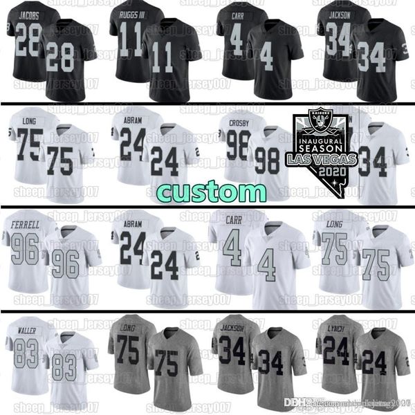 

custom mens las vegas raider 4 derek carr 28 josh jacobs 98 maxx crosby ferrell 11 henry ruggs iii 34 bo jackson football jerseys, Black;red