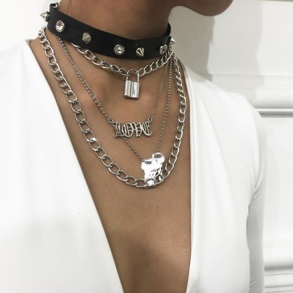 

kmvexo punk multilayers padlock love key pendant necklace women girls gothic spike rivets leather choker necklace hiphop qylwbm, White