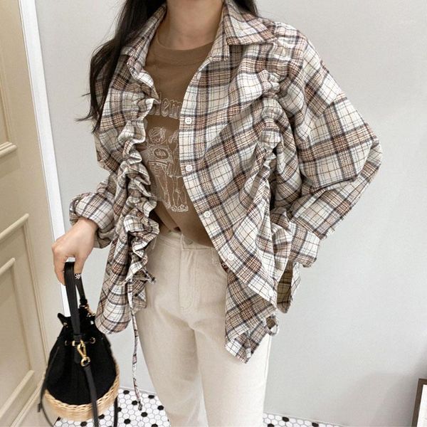

superaen 2020 spring and autumn new shirts women plaid long-sleeved drawstring wild ladies blouses and korean-style shirts1, White