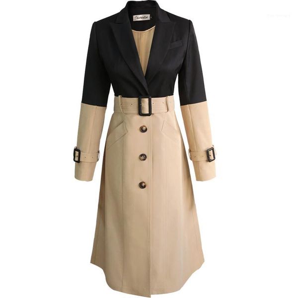 

women trench coat cotton windbreakers khaki patchwork long sleeve long coat single breasted belt overcoat 20191, Tan;black