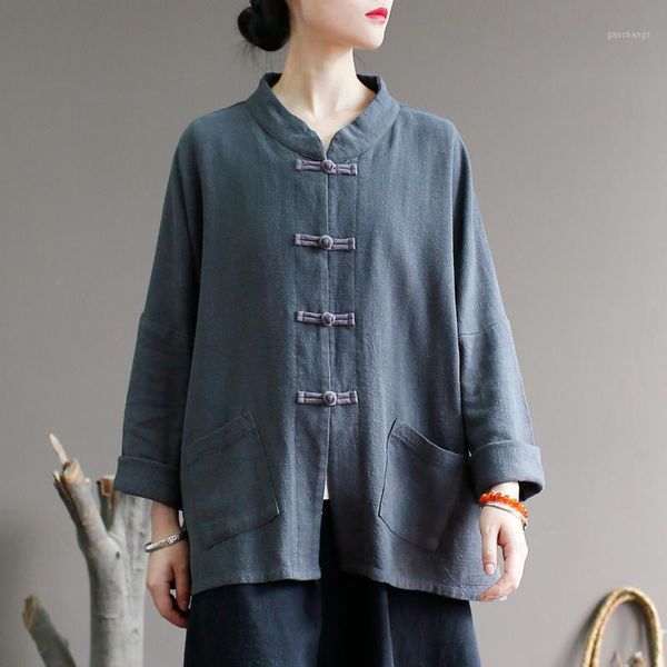 

women loose autumn retro stand collar jackets ladies vintage washed cotton linen spring coat female 2020 solid outerwear1, Black;brown