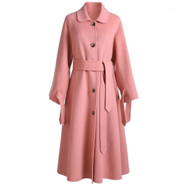 

elegant ladies pink 100% wool coat female winter autumn manteau femme hiver 2020 korean long woolen jacket women blend coats 6981, Black