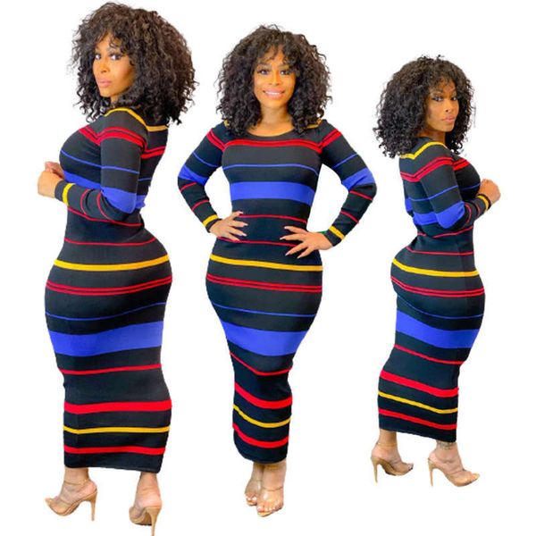 

sleeve y181 women's autumn winter long rib stripe printed dress, Black;gray