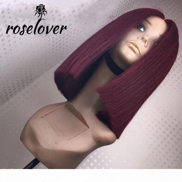 

roselover straight burgundy bob lace front wigs 99j 4*4 lace closure human hair wigs brazilian pre plucked 150% density non-remy, Black;brown