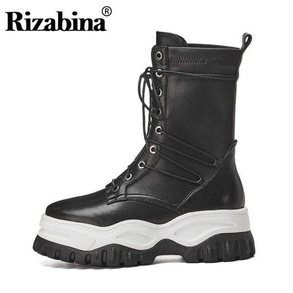 

rizabina new thick bottom mid calf boots for women real leather lace up black boots daily leisure women footwear size 34-39