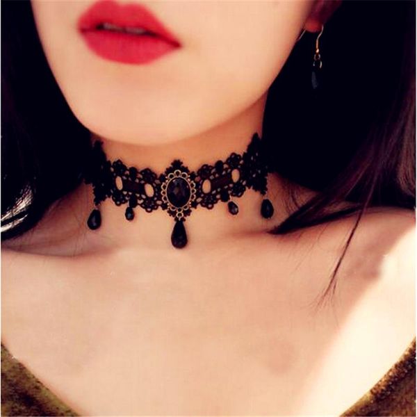 

2020 fashion gothic victorian crystal tassel tattoo choker necklace black lace choker collar vintage women wedding jewelry, Golden;silver