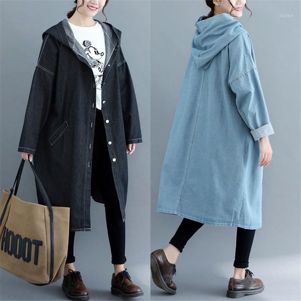 

2021 korean spring fall women's retro long sleeve denim trench coats loose jeans windbreaker solid hooded overcoats large size1, Tan;black