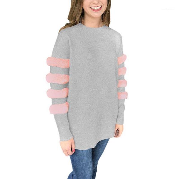 

women plush striped stitching round collar long-sleeved slim t-shirt ladies autumn winter solid color casual tees1, White