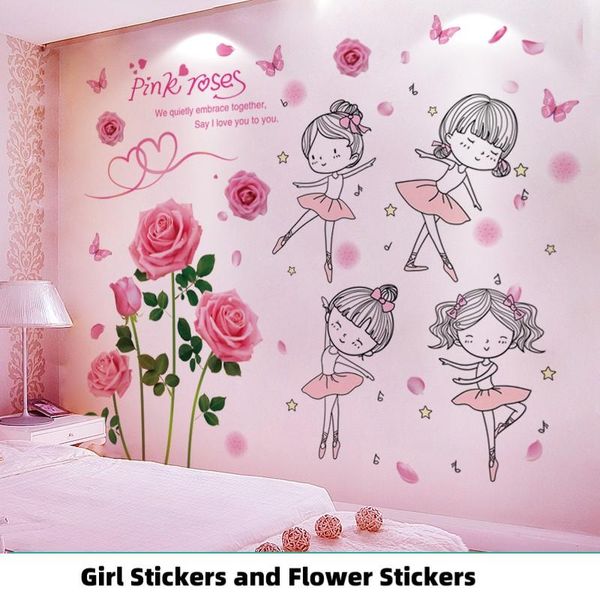 

[shijuekongjian] roses flowers plant wall stickers diy ballet gir dancers wall decals for living room kids bedroom decoration