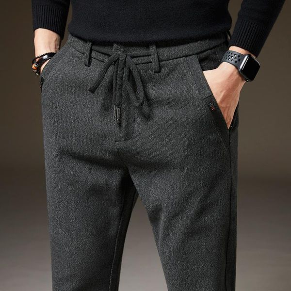 

men's winter fleece warm casual pants classic style thick cotton straight-leg trousers male brand men clothing, Black