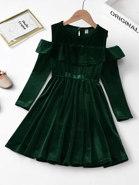 

girls cold shoulder ruffle trim bow velvet dress she, Red;yellow