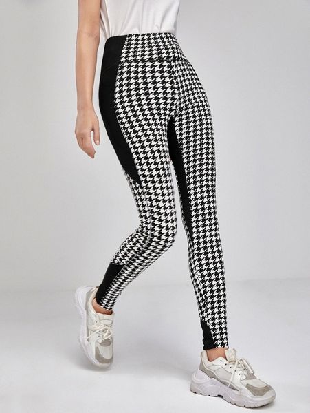 

houndstooth print colorblock leggings f9i0#, Black