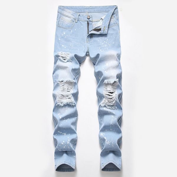 

2d ripped jeans mens new euro-american trade summer light blue large wash white straight mens jeans trend