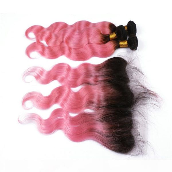 

dark roots pink ombre virgin malaysian human hair with frontal closure body wave 1b pink ombre 13x4 lace frontal with 3bundles, Black