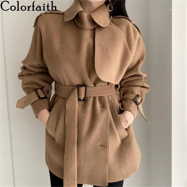 

colorfaith new 2020 autumn winter women's windbreaker elegant buttons vintage oversize woolen lace up short trench jk13891, Tan;black