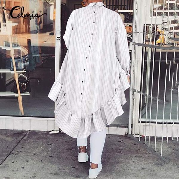 

celmia fashion long shirts autumn women ruffled patchwork striped blouse back buttons long sleeve casual ladies lapel shirt, White