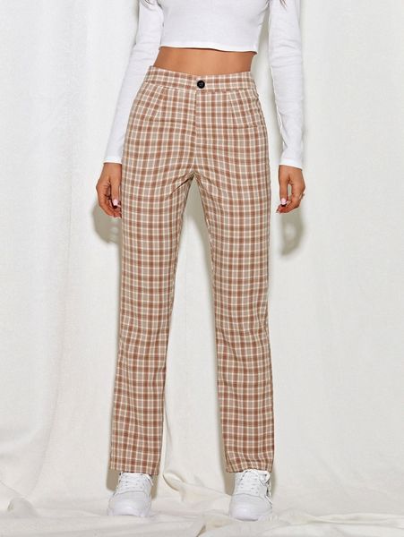 

plaid print straight leg pants 95rq#, Black;white