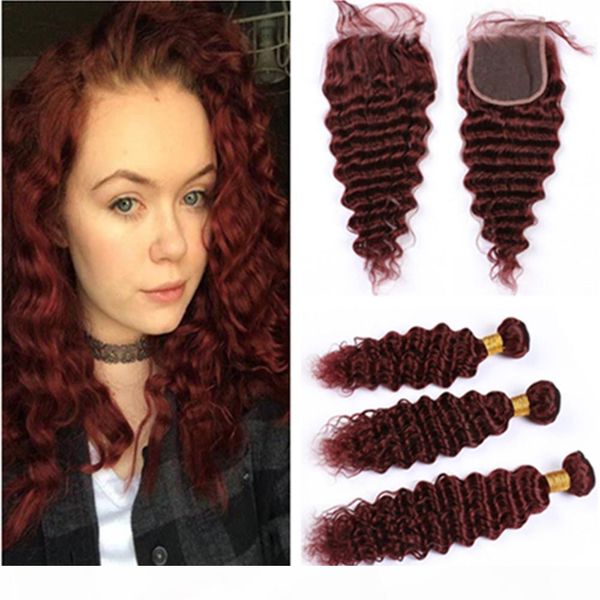 

wine red deep wave brazilian virgin hair bundles with closure pure 99j burgundy human hair lace closure 4x4 with bundles deep wavy, Black;brown