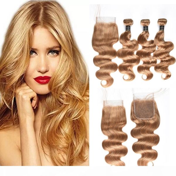 

9a peruvian virgin hair body wave with closure 3 4 bundles with 4*4 lace closure honey blonde 27# human hair weave bundles with closure, Black;brown