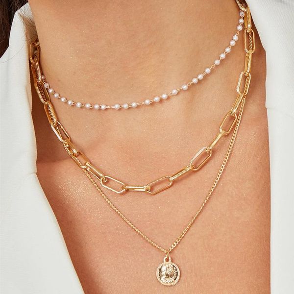 

if me vintage muti layered necklace for women pearl coin statement wide chain pendant necklaces collar jewelry new, Silver