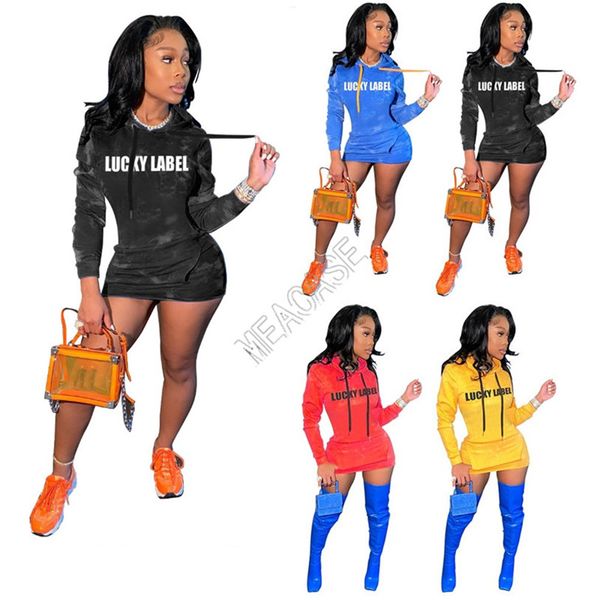 

lucky label letters print women hoodies dress hooded sweaters winter dress outdoor trendy long sleeve overall dresses with pockets d102605, White