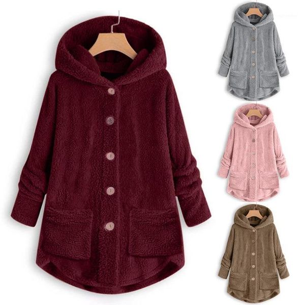 

women solid color warm plush button hooded coat loose jacket irregular outwear1, Black