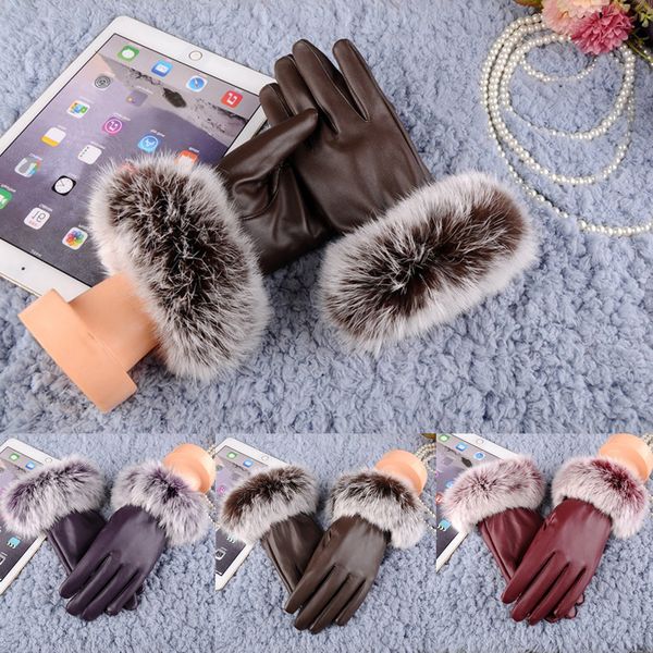 

women's black warm rabbit leather gloves, autumn and winter