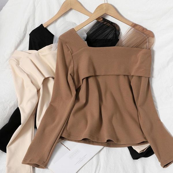 

autumn winter 2020 women black/beige/brown blouse female square collar long sleeve mesh patchwork shirt new fashion blusas1, White