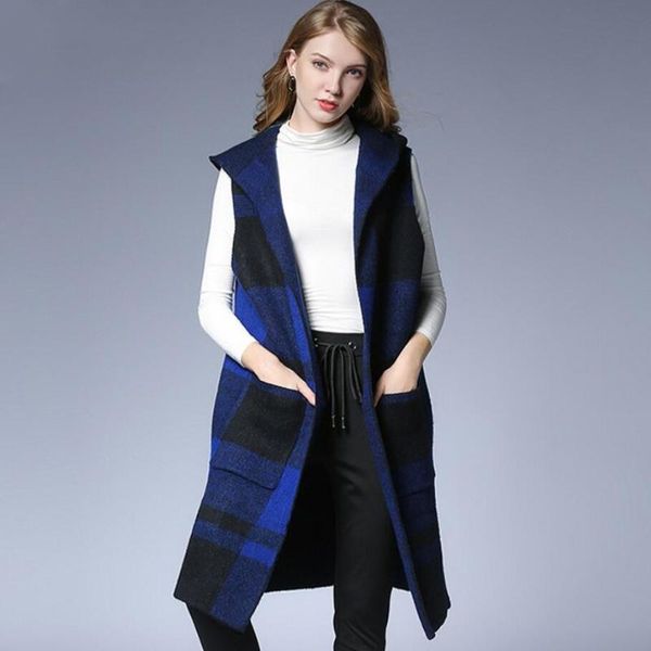 

women's vests jry autumn fashion european sleeveless outerwear women hooded plaid loose knit casual coat with pockets, Black;white