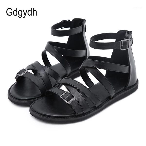 

gdgydh roman style sandals women flat back zipper european and american leisure soft leather walking outdoor comfortable 20201, Black