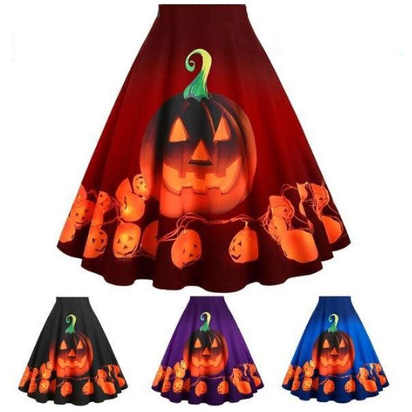 

женщины зимнего отдых halloween pumpkin printed большого свинг высокой талия короткого flare сторона линии юбка, Black