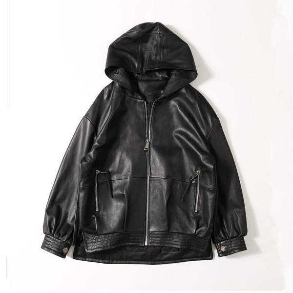 

genuine leather 2020 spring new baseball clothing women sheepskin oversize hooded leather coat1, Black