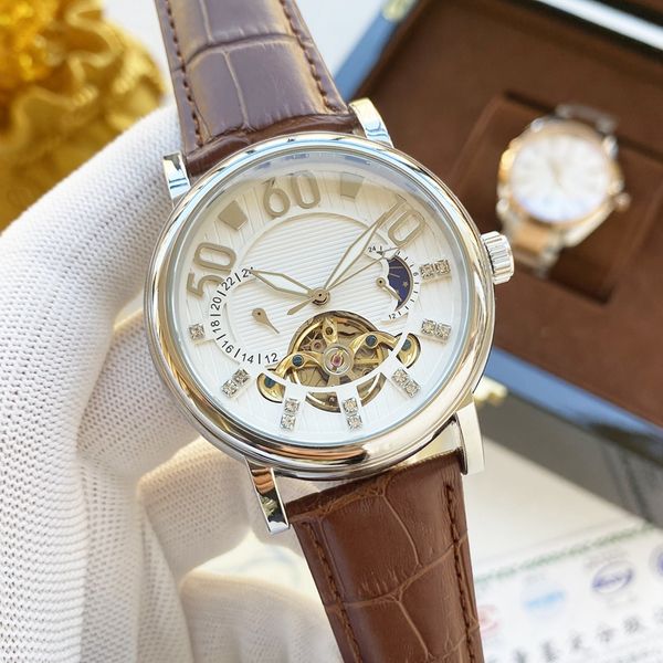 

2021 new luxury mens watches large flywheel five stitches 44mm size automatic mechanical watch moon phase brand leather strap fashion gift, Slivery;brown