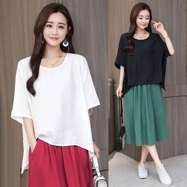 

6bn2q artistic large size loose solid color linen linent-shirt cotton and cotton linenround neck sleeve t-shirt women's versatile sho, White