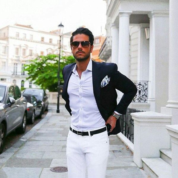 

navy blue coat men formal suits white pants fashion business casual blazer 2pieces terno masculino costume mariage homme1, White;black