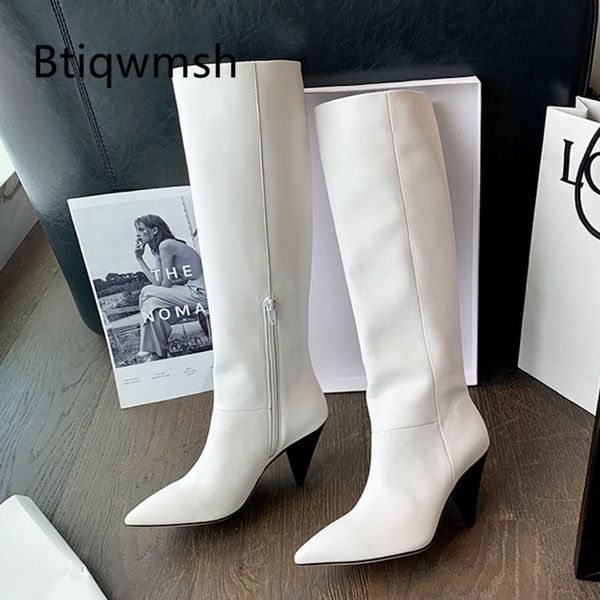 

boots 2021 real leather knee women pointed toe spike high heel woman long, Black