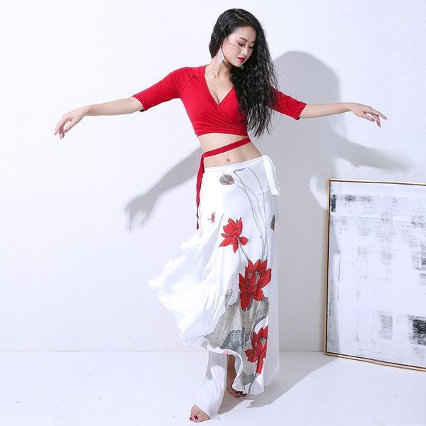 

belly dance female elegant modal practice clothes oriental dancing shirt printing hip scarf performance skirt1, Black;red