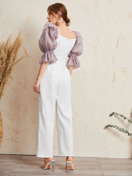 

contrast organza sleeve jumpsuit e0o5#, White